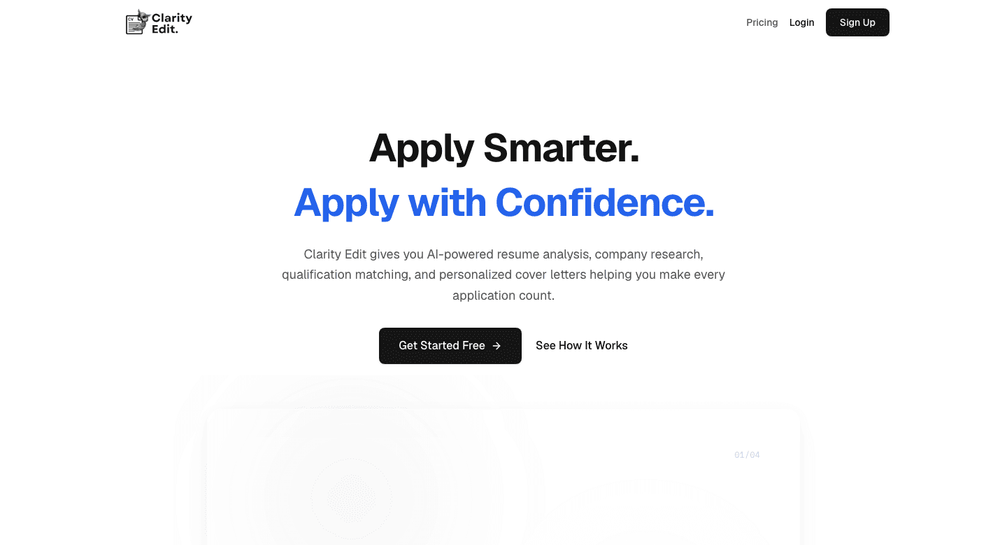 Clarity Edit landing page: Apply Smarter. Apply with Confidence.