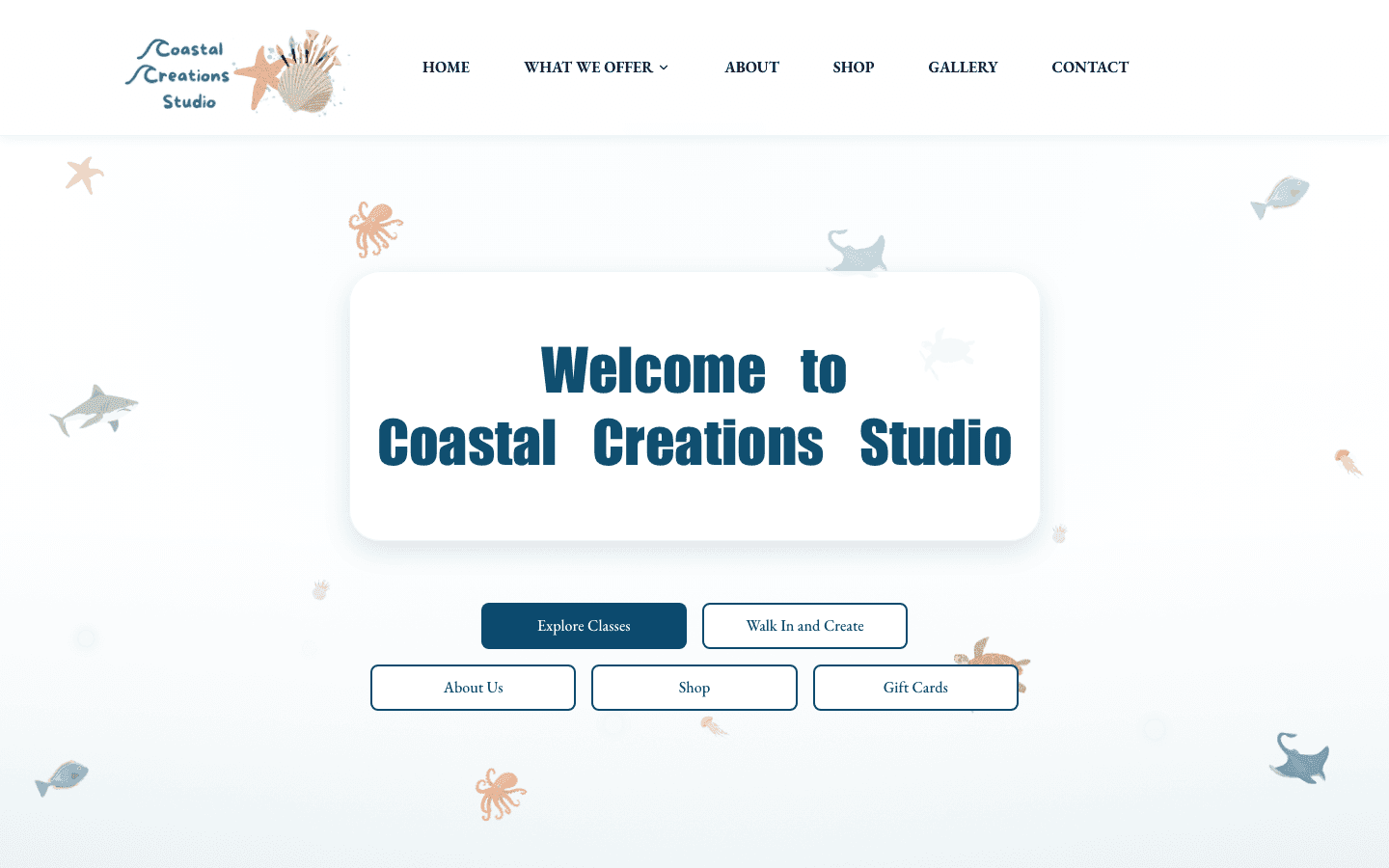 Coastal Creations Studio home page with class and shop navigation